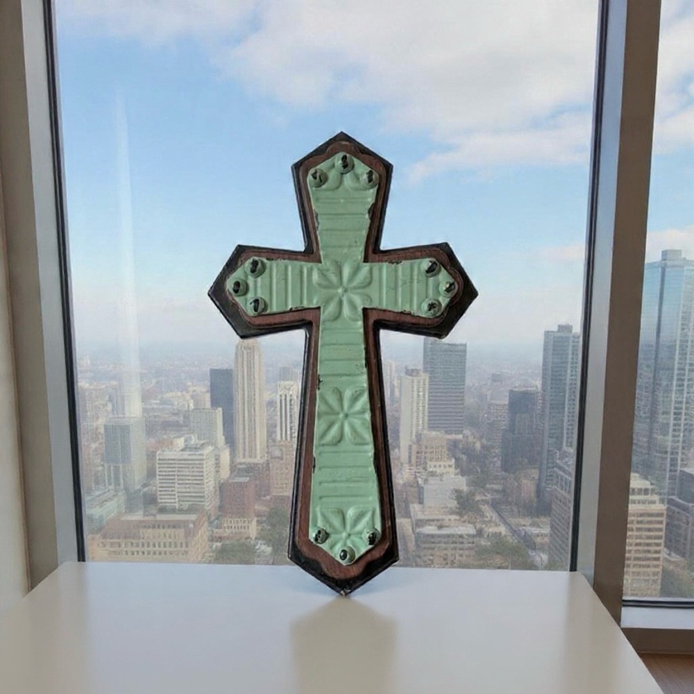 Decorative rustic, wooden and metal Green and Brown Wall Cross